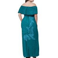 Hawaiian Monk Seal and Whale Off Shoulder Maxi Dress Kakau Tribal Pattern Teal Color
