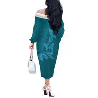 Hawaiian Monk Seal and Whale Off The Shoulder Long Sleeve Dress Kakau Tribal Pattern Teal Color LT03 - Polynesian Pride