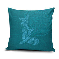 Hawaiian Monk Seal and Whale Pillow Cover Kakau Tribal Pattern Teal Color