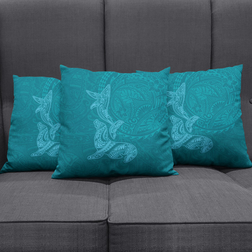 Hawaiian Monk Seal and Whale Pillow Cover Kakau Tribal Pattern Teal Color