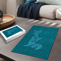 Hawaiian Monk Seal and Whale Puzzle Kakau Tribal Pattern Teal Color
