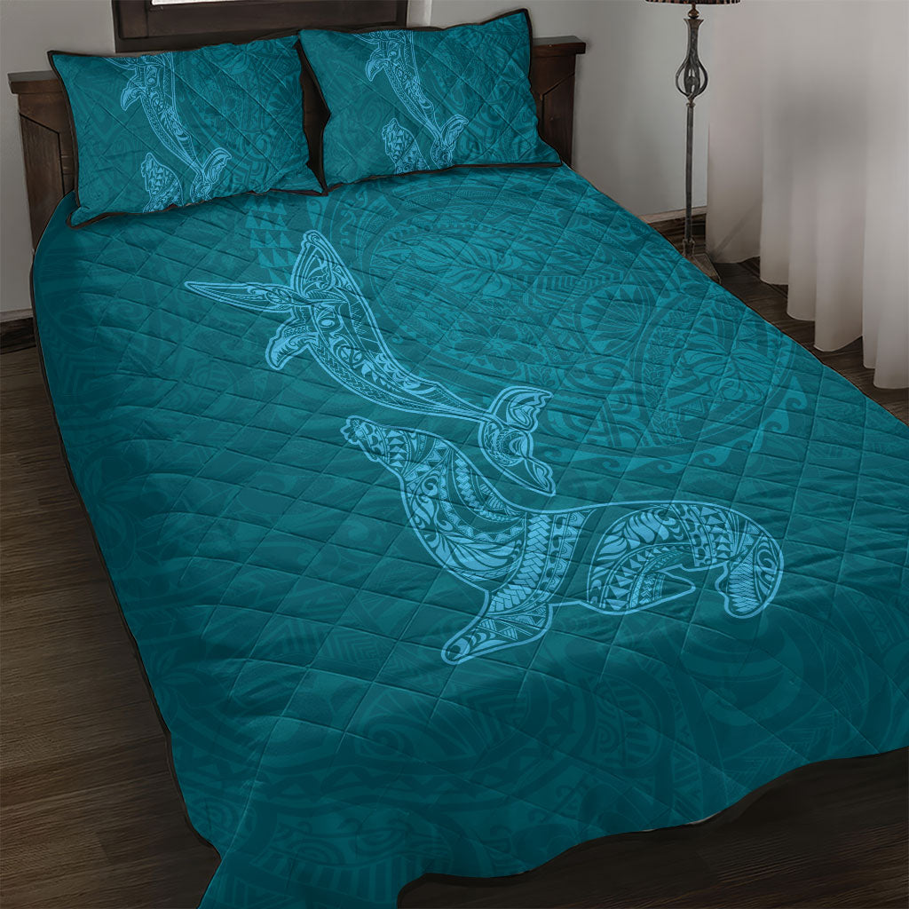 Hawaiian Monk Seal and Whale Quilt Bed Set Kakau Tribal Pattern Teal Color