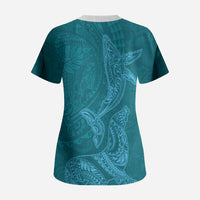 Hawaiian Monk Seal and Whale Scrub Top Kakau Tribal Pattern Teal Color
