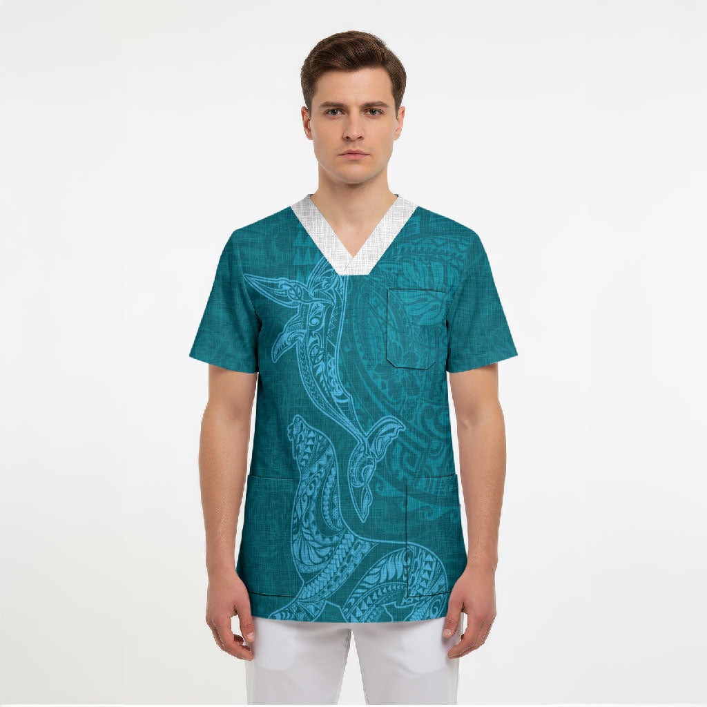 Hawaiian Monk Seal and Whale Scrub Top Kakau Tribal Pattern Teal Color