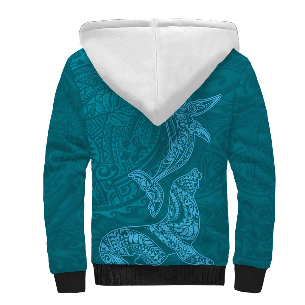 Hawaiian Monk Seal and Whale Sherpa Hoodie Kakau Tribal Pattern Teal Color LT03 - Polynesian Pride