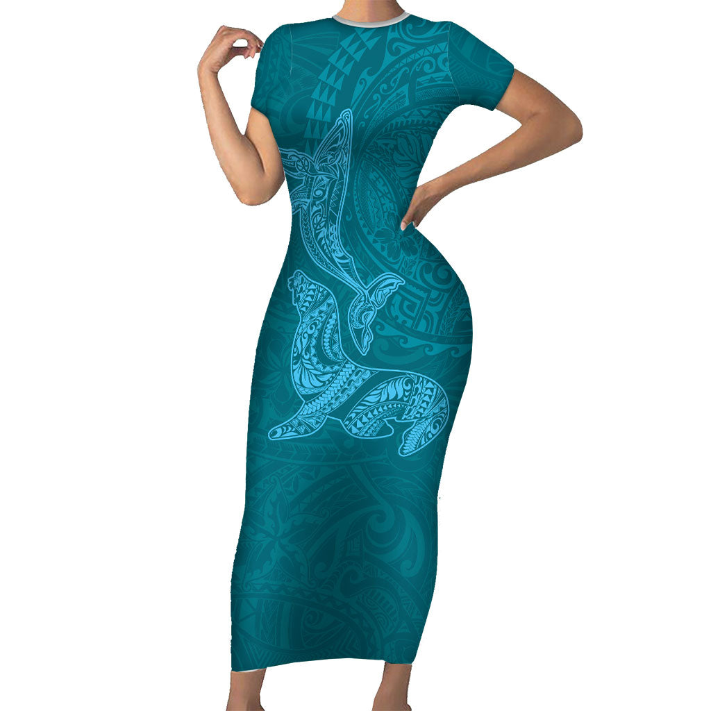 Hawaiian Monk Seal and Whale Short Sleeve Bodycon Dress Kakau Tribal Pattern Teal Color LT03 Long Dress Teal - Polynesian Pride