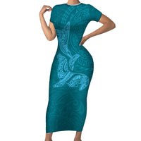 Hawaiian Monk Seal and Whale Short Sleeve Bodycon Dress Kakau Tribal Pattern Teal Color LT03 Long Dress Teal - Polynesian Pride
