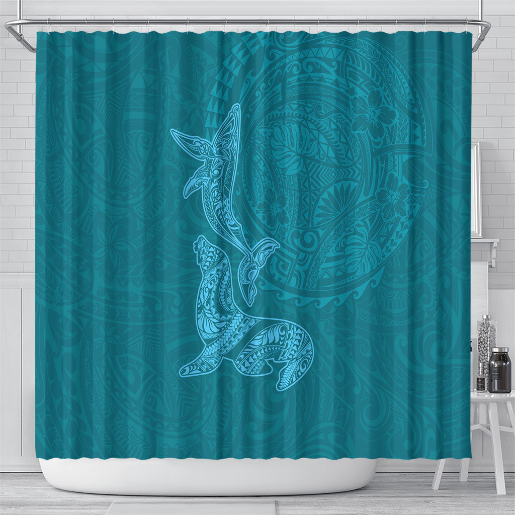 Hawaiian Monk Seal and Whale Shower Curtain Kakau Tribal Pattern Teal Color LT03 - Polynesian Pride