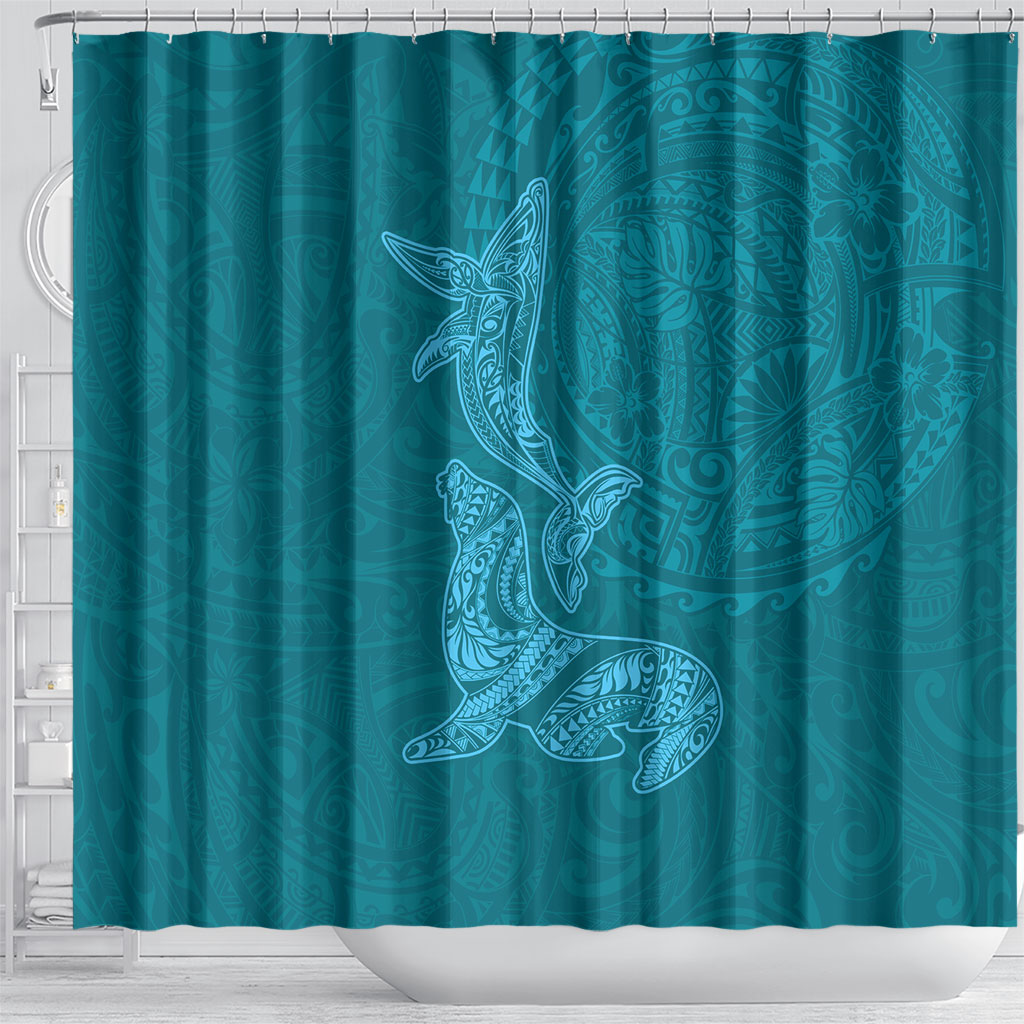 Hawaiian Monk Seal and Whale Shower Curtain Kakau Tribal Pattern Teal Color LT03 - Polynesian Pride