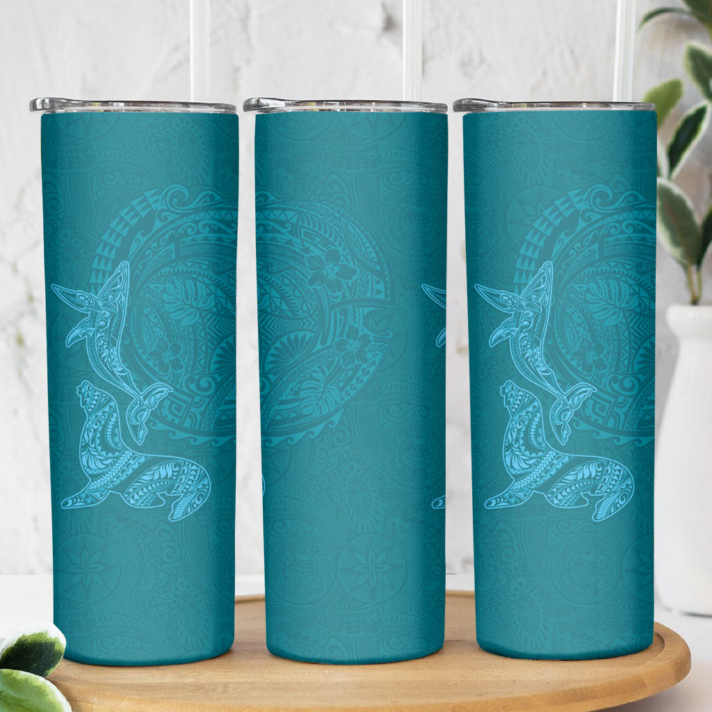 Hawaiian Monk Seal and Whale Skinny Tumbler Kakau Tribal Pattern Teal Color LT03 - Polynesian Pride