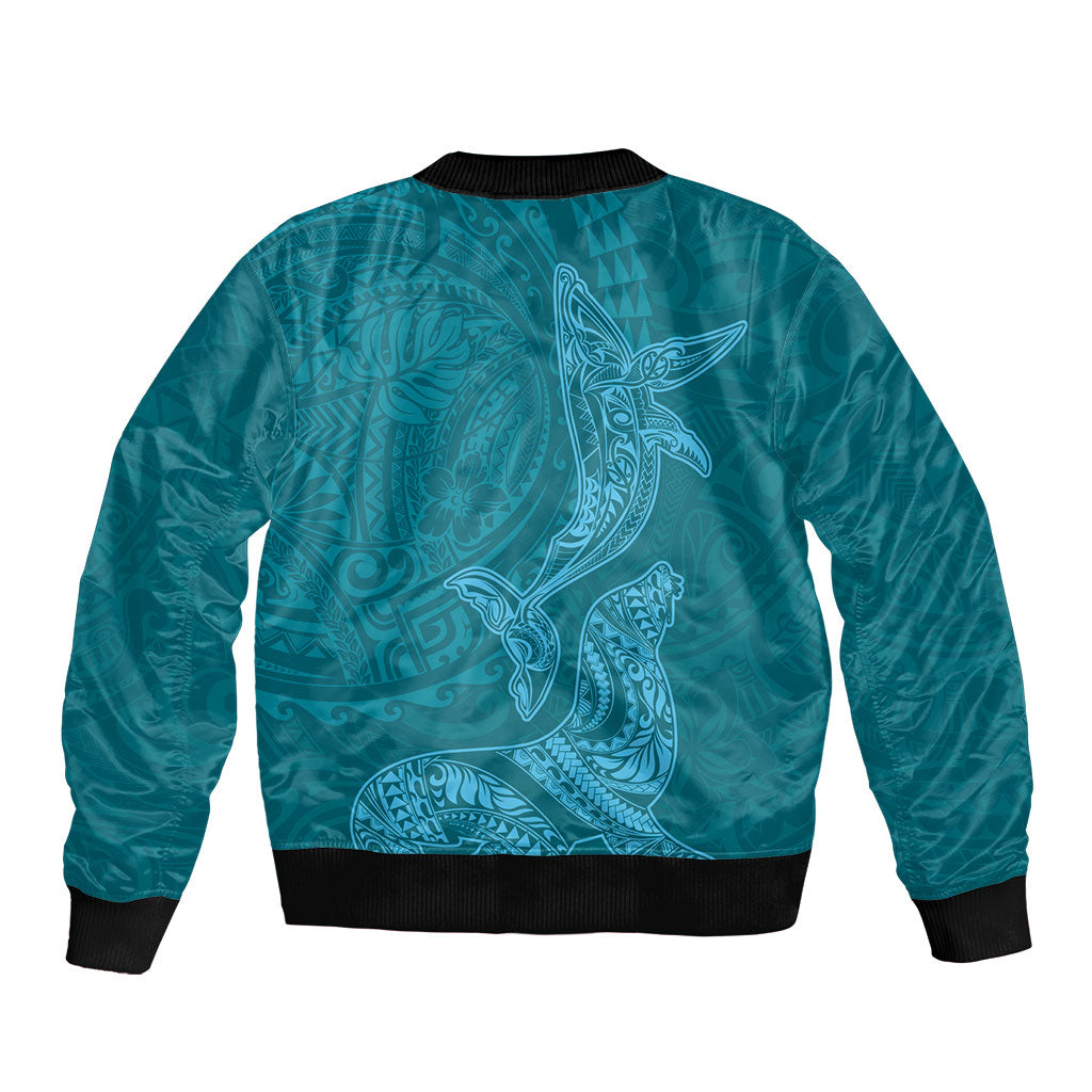 Hawaiian Monk Seal and Whale Sleeve Zip Bomber Jacket Kakau Tribal Pattern Teal Color