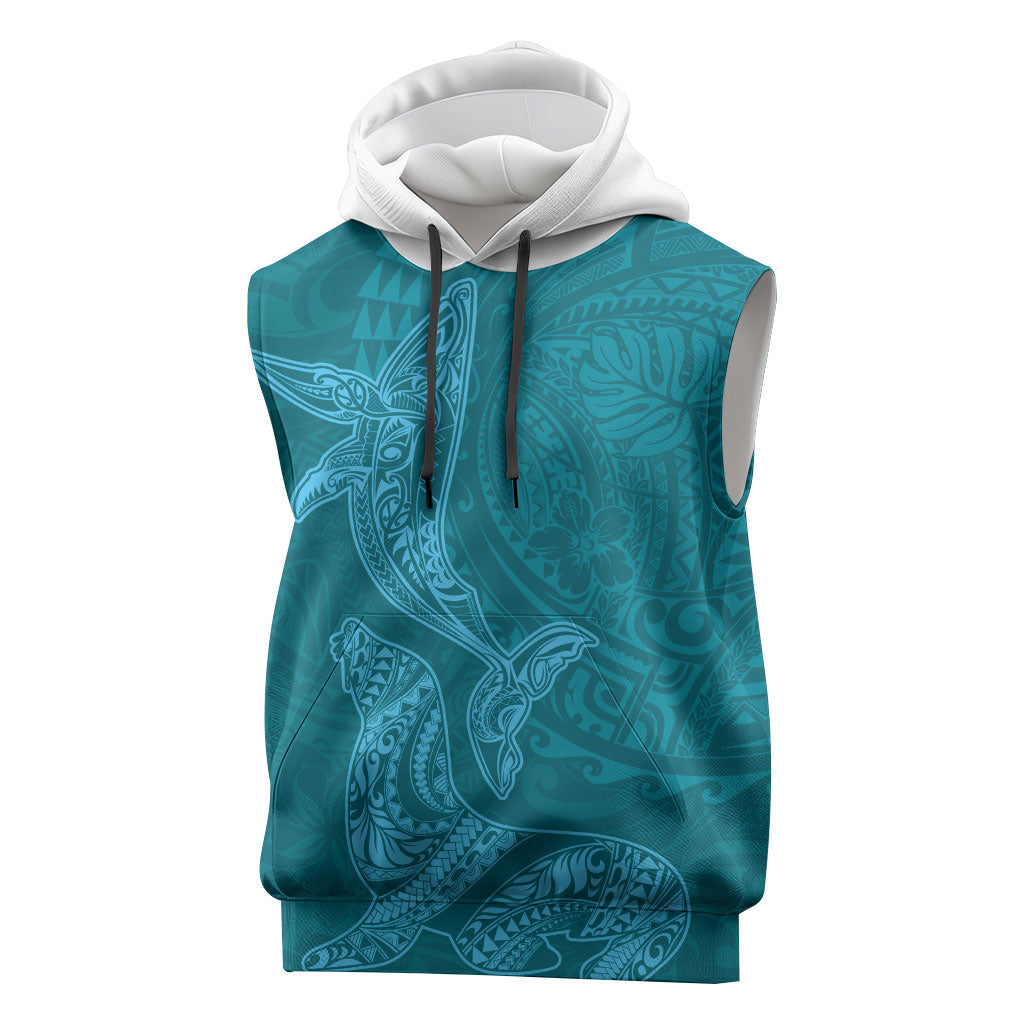 Hawaiian Monk Seal and Whale Sleeveless Hoodie Kakau Tribal Pattern Teal Color