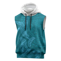 Hawaiian Monk Seal and Whale Sleeveless Hoodie Kakau Tribal Pattern Teal Color