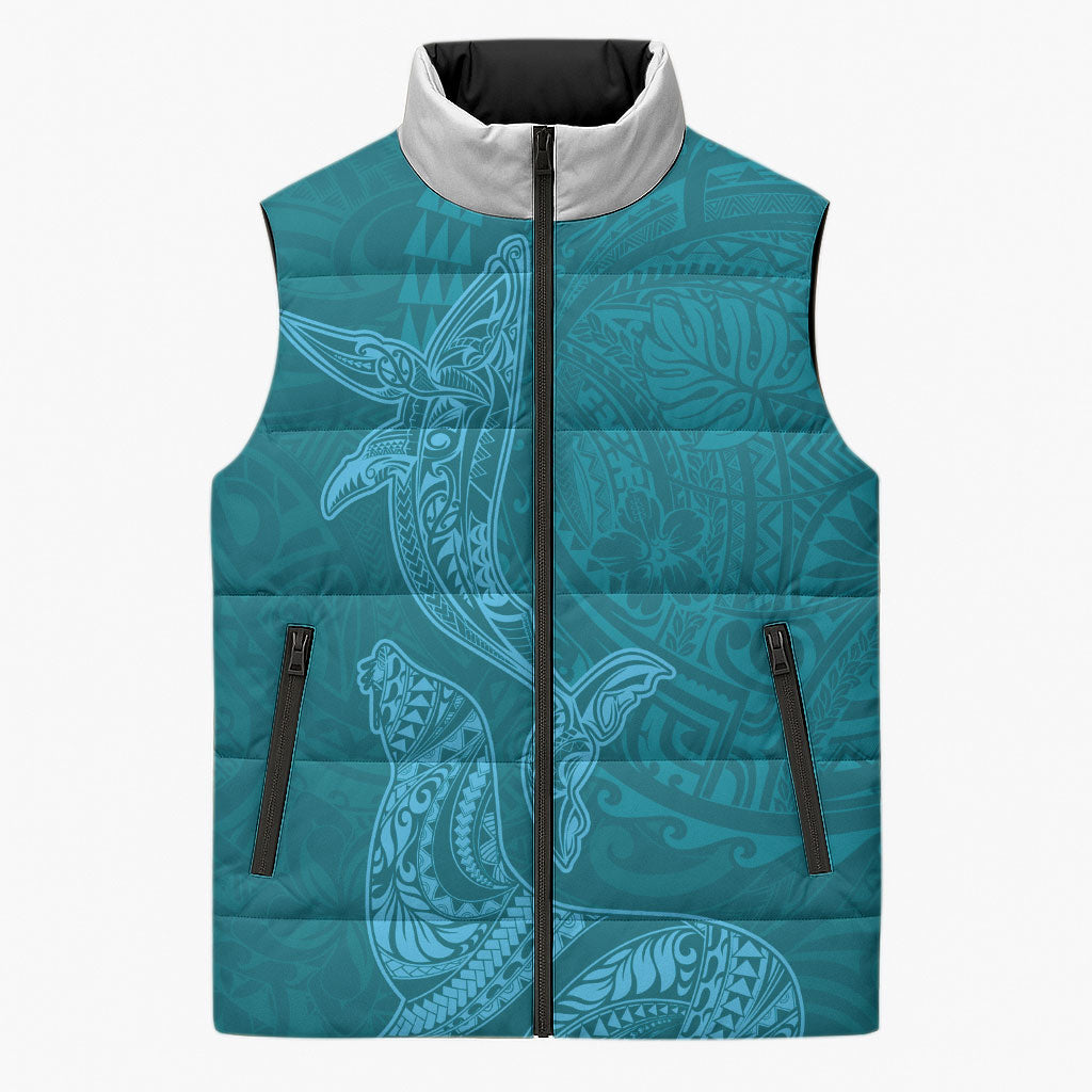 Hawaiian Monk Seal and Whale Sleeveless Puffer Jacket Kakau Tribal Pattern Teal Color LT03 Unisex Teal - Polynesian Pride