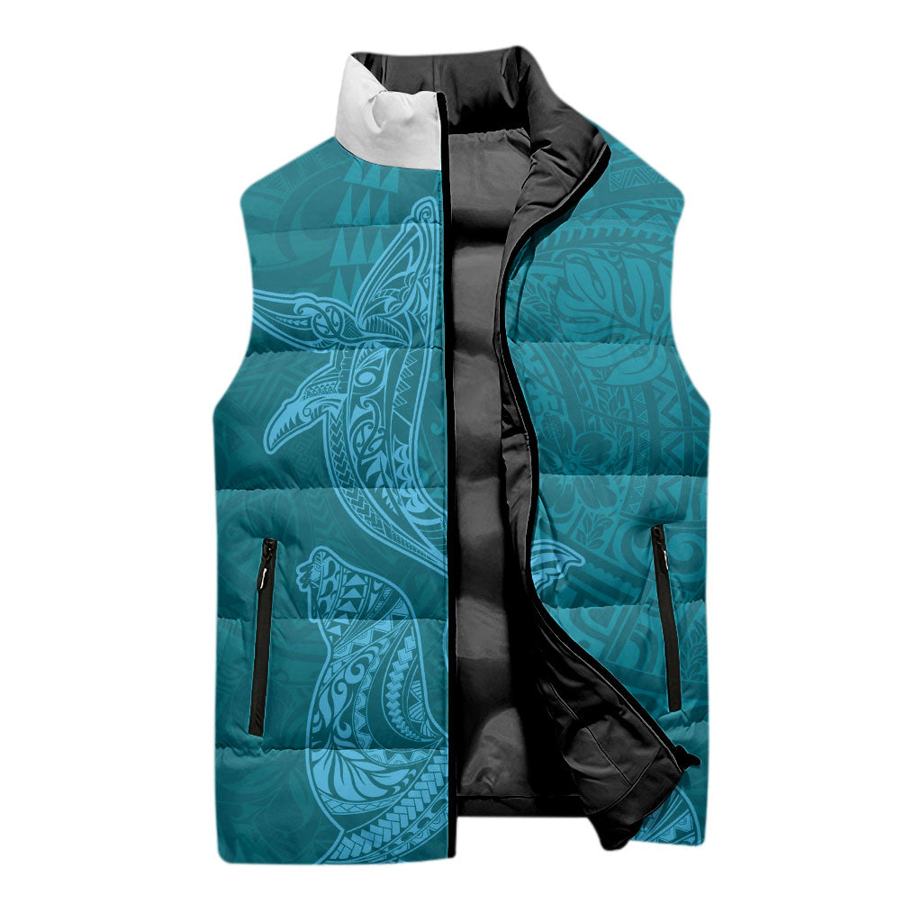 Hawaiian Monk Seal and Whale Sleeveless Puffer Jacket Kakau Tribal Pattern Teal Color