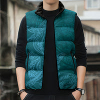 Hawaiian Monk Seal and Whale Sleeveless Puffer Jacket Kakau Tribal Pattern Teal Color