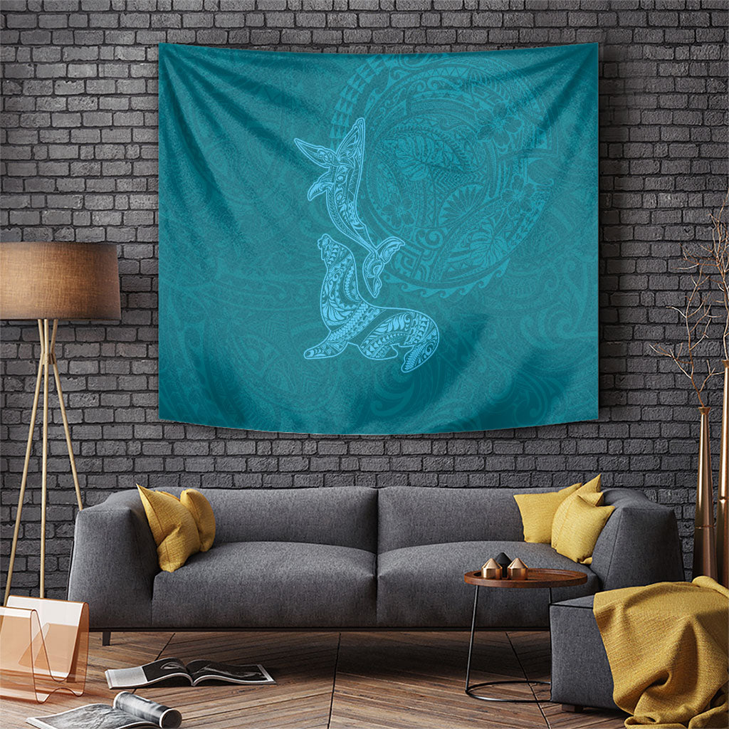 Hawaiian Monk Seal and Whale Tapestry Kakau Tribal Pattern Teal Color LT03 Teal - Polynesian Pride