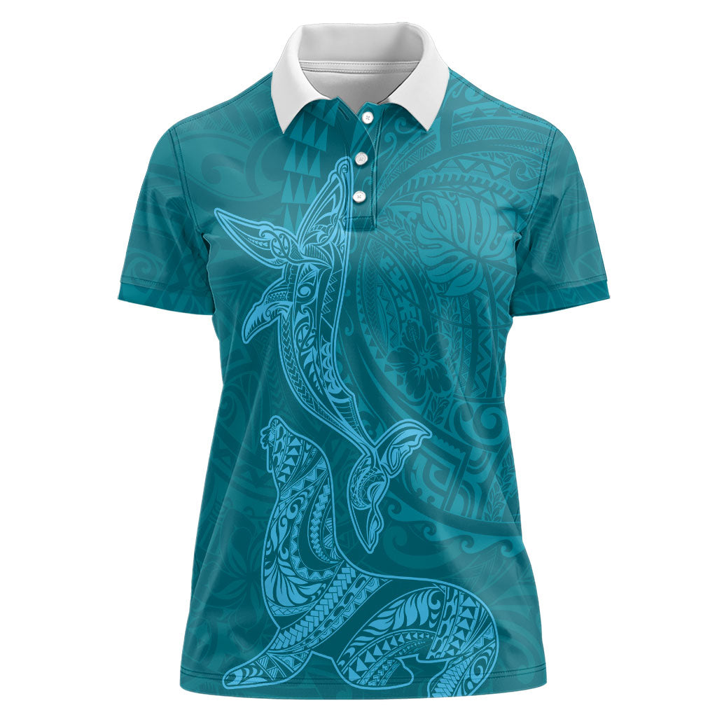 Hawaiian Monk Seal and Whale Women Polo Shirt Kakau Tribal Pattern Teal Color LT03 Female Teal - Polynesian Pride