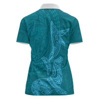 Hawaiian Monk Seal and Whale Women Polo Shirt Kakau Tribal Pattern Teal Color LT03 - Polynesian Pride