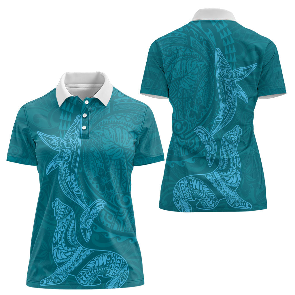 Hawaiian Monk Seal and Whale Women Polo Shirt Kakau Tribal Pattern Teal Color LT03 - Polynesian Pride