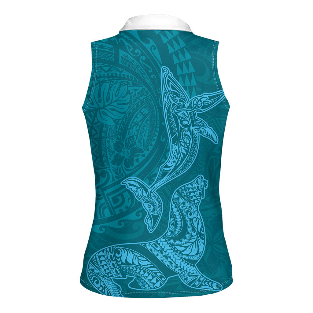 Hawaiian Monk Seal and Whale Women Sleeveless Polo Shirt Kakau Tribal Pattern Teal Color LT03 - Polynesian Pride