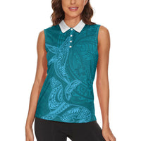 Hawaiian Monk Seal and Whale Women Sleeveless Polo Shirt Kakau Tribal Pattern Teal Color LT03 - Polynesian Pride