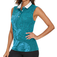 Hawaiian Monk Seal and Whale Women Sleeveless Polo Shirt Kakau Tribal Pattern Teal Color LT03 - Polynesian Pride