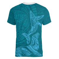 Hawaiian Monk Seal and Whale Women V-Neck T-Shirt Kakau Tribal Pattern Teal Color LT03 - Polynesian Pride
