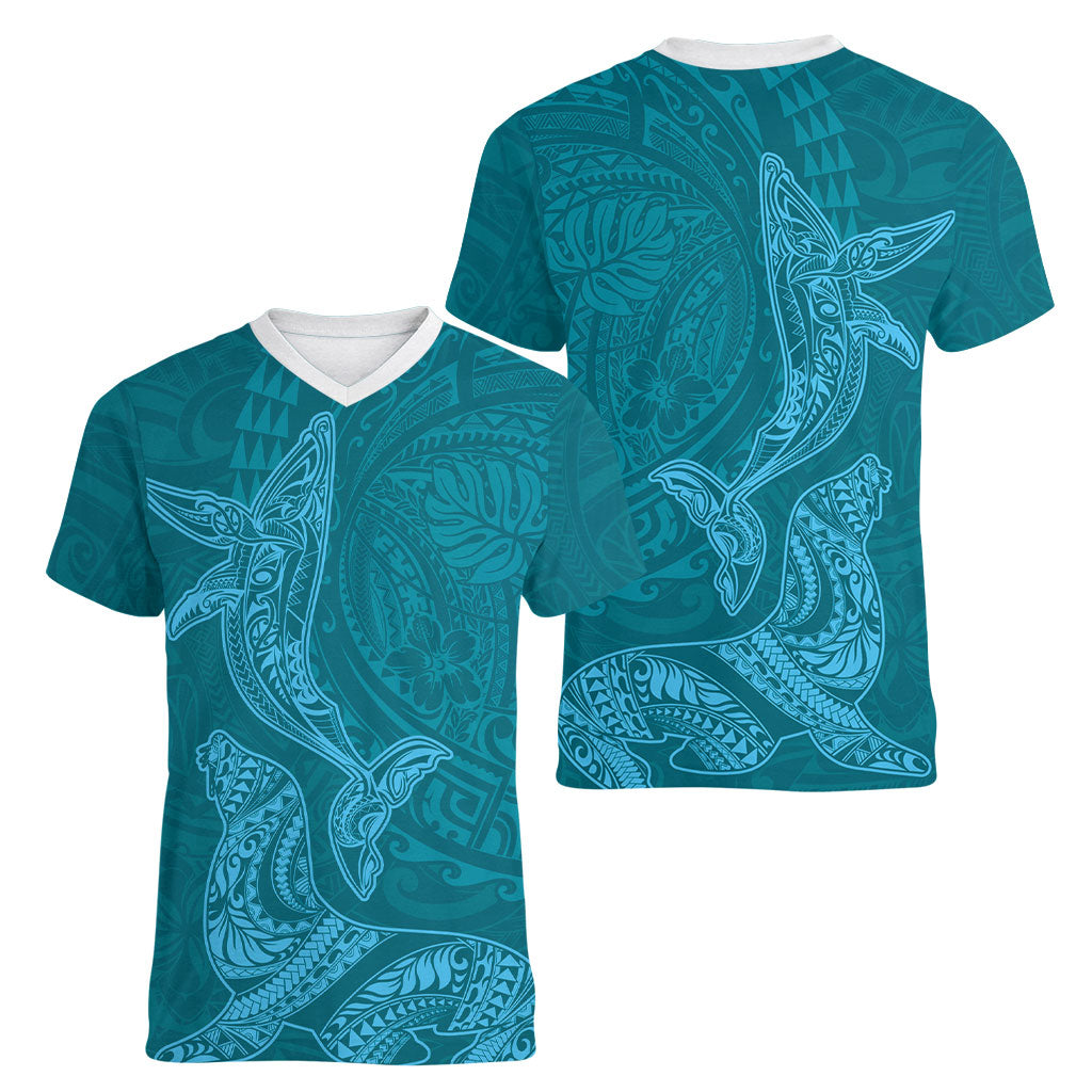 Hawaiian Monk Seal and Whale Women V-Neck T-Shirt Kakau Tribal Pattern Teal Color LT03 - Polynesian Pride