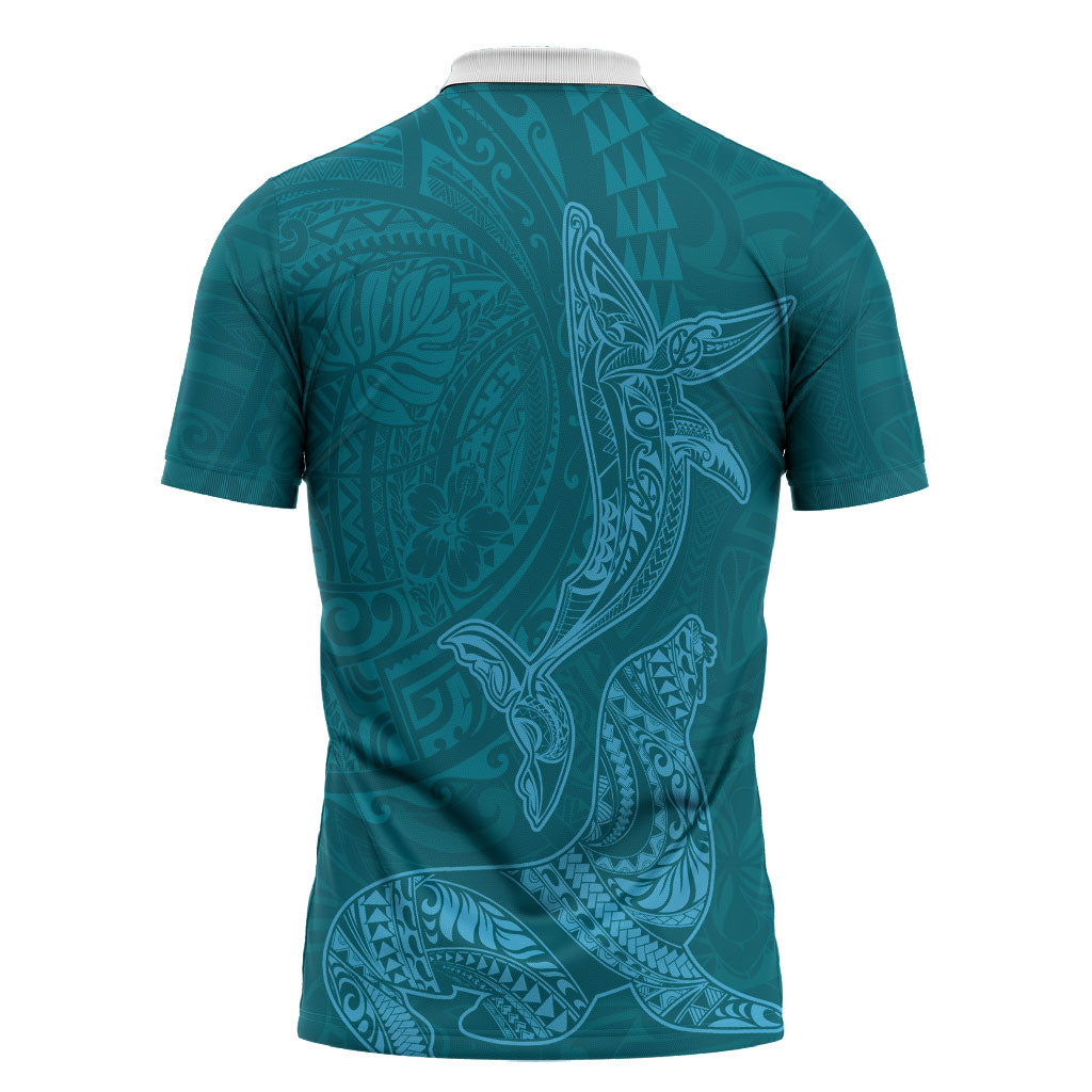 Hawaiian Monk Seal and Whale Zipper Polo Shirt Kakau Tribal Pattern Teal Color LT03 - Polynesian Pride