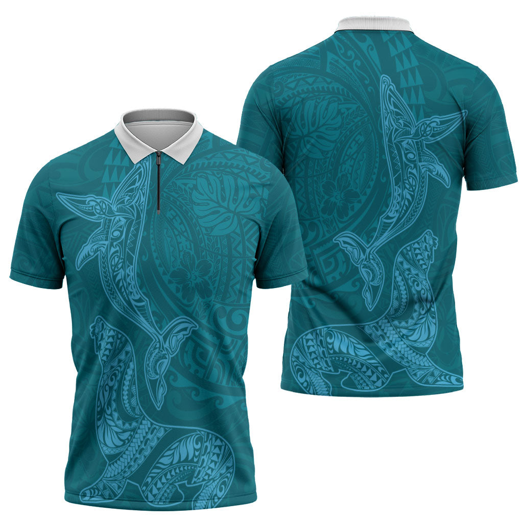 Hawaiian Monk Seal and Whale Zipper Polo Shirt Kakau Tribal Pattern Teal Color LT03 - Polynesian Pride