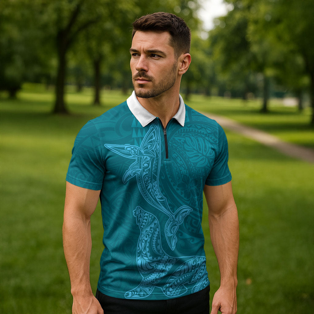 Hawaiian Monk Seal and Whale Zipper Polo Shirt Kakau Tribal Pattern Teal Color LT03 - Polynesian Pride