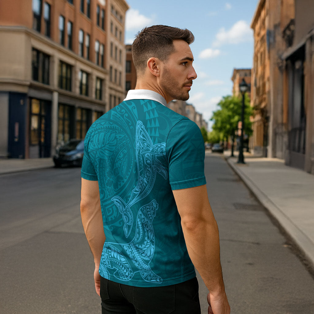 Hawaiian Monk Seal and Whale Zipper Polo Shirt Kakau Tribal Pattern Teal Color LT03 - Polynesian Pride