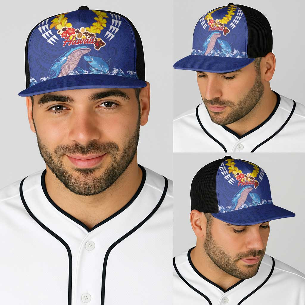 Hawaiian Sea Animals Baseball Net Cap Whales Shark and Turtle Guardians with Tribal Pattern