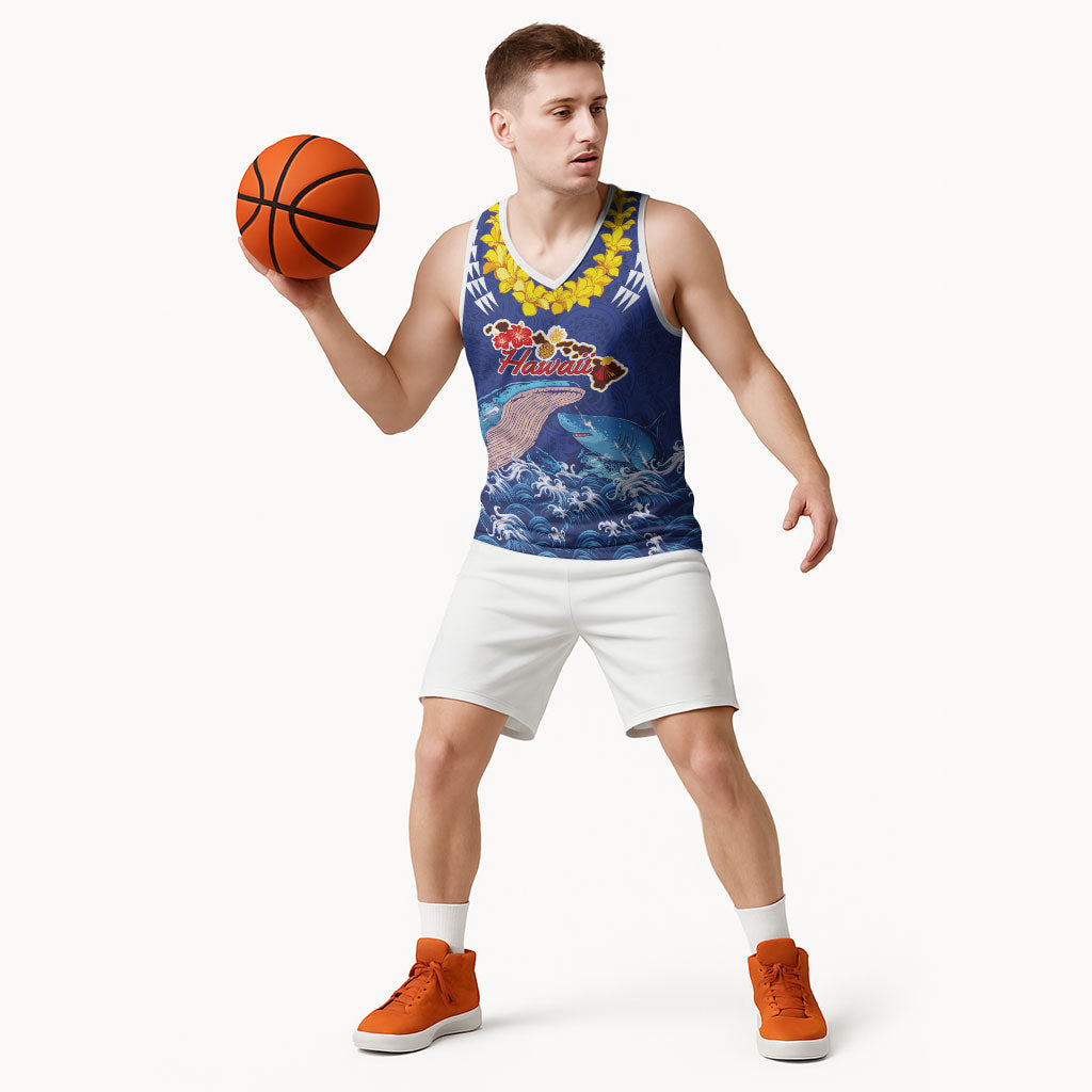 Hawaiian Sea Animals Basketball Jersey Whales Shark and Turtle Guardians with Tribal Pattern