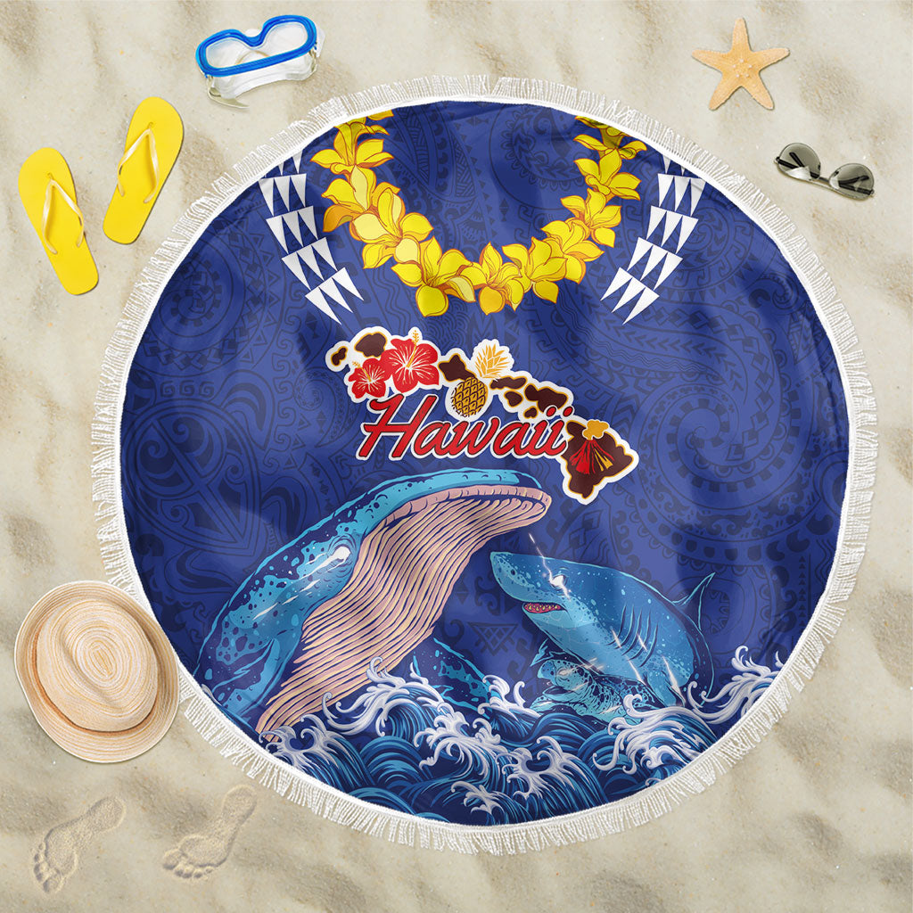 Hawaiian Sea Animals Beach Blanket Whales Shark and Turtle Guardians with Tribal Pattern LT03 One Size 150cm Blue - Polynesian Pride