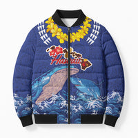 Hawaiian Sea Animals Bomber Puffer Jacket Whales Shark and Turtle Guardians with Tribal Pattern