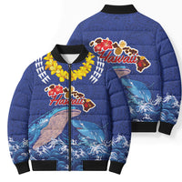 Hawaiian Sea Animals Bomber Puffer Jacket Whales Shark and Turtle Guardians with Tribal Pattern