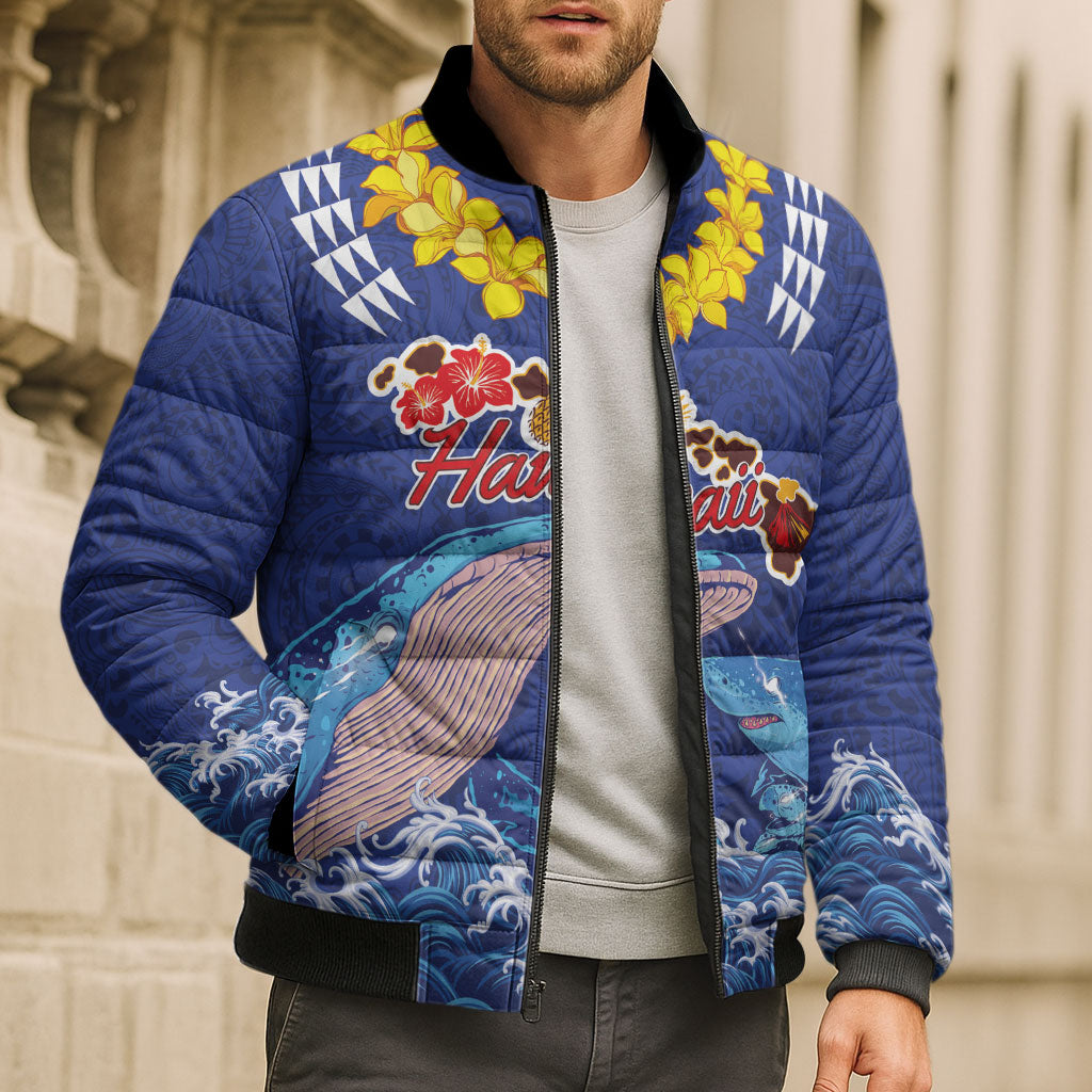 Hawaiian Sea Animals Bomber Puffer Jacket Whales Shark and Turtle Guardians with Tribal Pattern