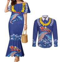 Hawaiian Sea Animals Couples Matching Mermaid Dress and Long Sleeve Button Shirt Whales Shark and Turtle Guardians with Tribal Pattern LT03 Blue - Polynesian Pride