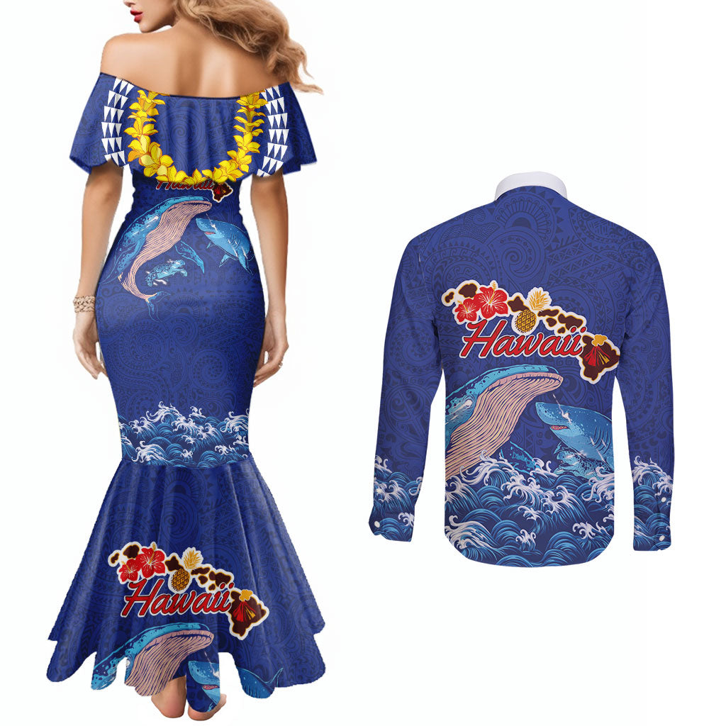Hawaiian Sea Animals Couples Matching Mermaid Dress and Long Sleeve Button Shirt Whales Shark and Turtle Guardians with Tribal Pattern LT03 - Polynesian Pride