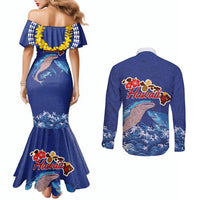 Hawaiian Sea Animals Couples Matching Mermaid Dress and Long Sleeve Button Shirt Whales Shark and Turtle Guardians with Tribal Pattern LT03 - Polynesian Pride