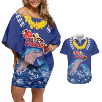 Hawaiian Sea Animals Couples Matching Off Shoulder Short Dress and Hawaiian Shirt Whales Shark and Turtle Guardians with Tribal Pattern LT03 Blue - Polynesian Pride