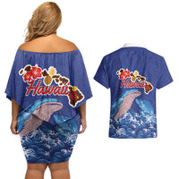 Hawaiian Sea Animals Couples Matching Off Shoulder Short Dress and Hawaiian Shirt Whales Shark and Turtle Guardians with Tribal Pattern LT03 - Polynesian Pride