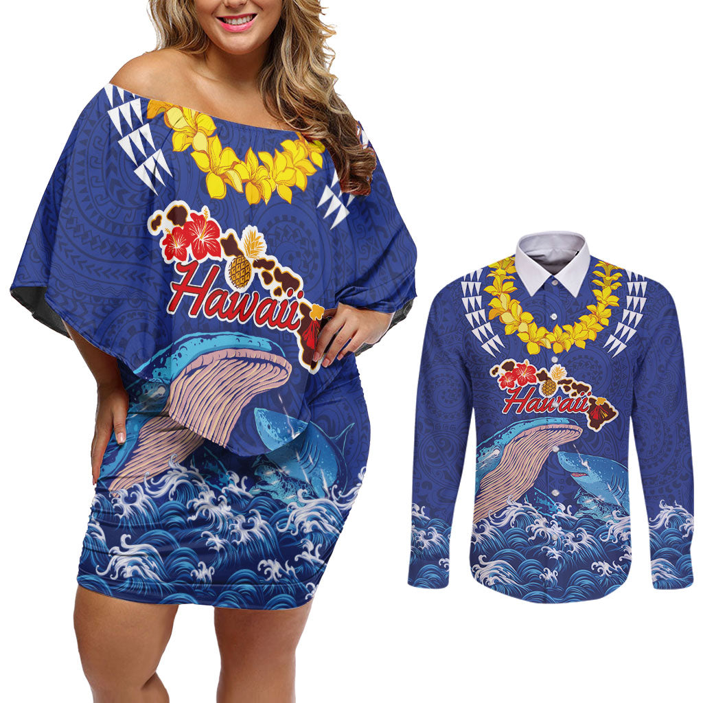 Hawaiian Sea Animals Couples Matching Off Shoulder Short Dress and Long Sleeve Button Shirt Whales Shark and Turtle Guardians with Tribal Pattern LT03 Blue - Polynesian Pride