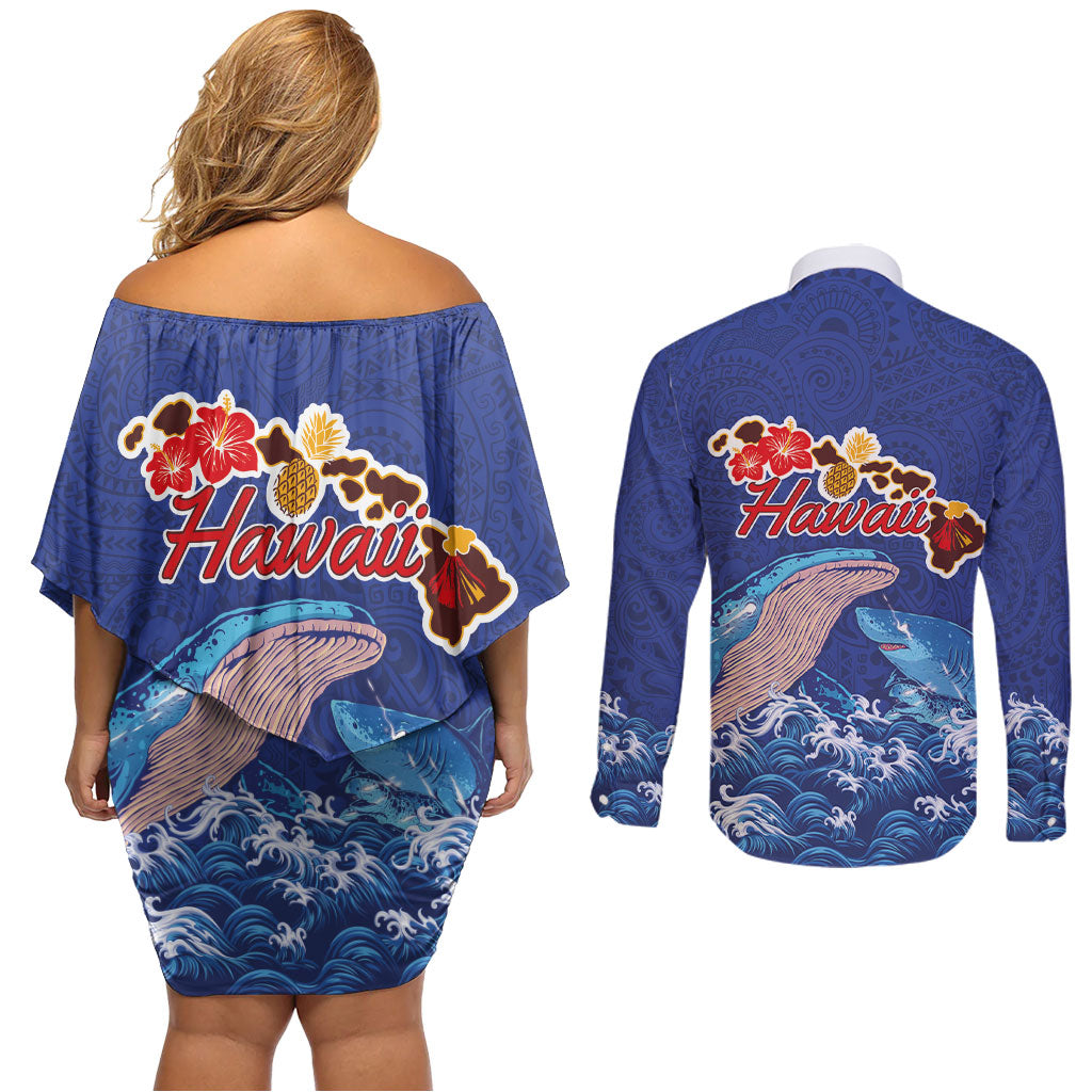 Hawaiian Sea Animals Couples Matching Off Shoulder Short Dress and Long Sleeve Button Shirt Whales Shark and Turtle Guardians with Tribal Pattern LT03 - Polynesian Pride