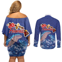 Hawaiian Sea Animals Couples Matching Off Shoulder Short Dress and Long Sleeve Button Shirt Whales Shark and Turtle Guardians with Tribal Pattern LT03 - Polynesian Pride