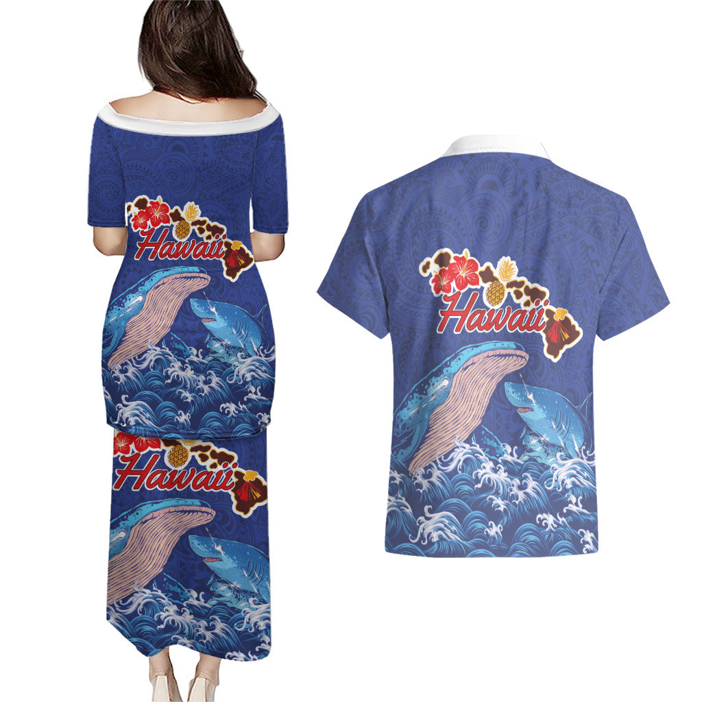 Hawaiian Sea Animals Couples Matching Puletasi and Hawaiian Shirt Whales Shark and Turtle Guardians with Tribal Pattern LT03 - Polynesian Pride