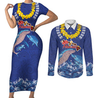 Hawaiian Sea Animals Couples Matching Short Sleeve Bodycon Dress and Long Sleeve Button Shirt Whales Shark and Turtle Guardians with Tribal Pattern LT03 Blue - Polynesian Pride