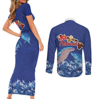 Hawaiian Sea Animals Couples Matching Short Sleeve Bodycon Dress and Long Sleeve Button Shirt Whales Shark and Turtle Guardians with Tribal Pattern LT03 - Polynesian Pride
